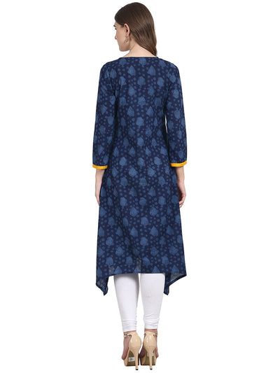 Nayo Women Blue printed 3/4 sleeve cotton front open kurta