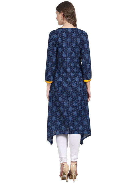 Nayo Women Blue printed 3/4 sleeve cotton front open kurta