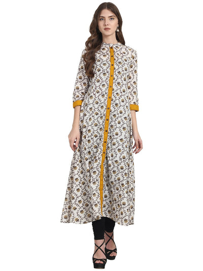 Nayo White printed 3/4th sleeve cotton A-line front open kurta