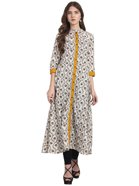 Nayo Women White printed 3/4th sleeve cotton A-line front open kurta