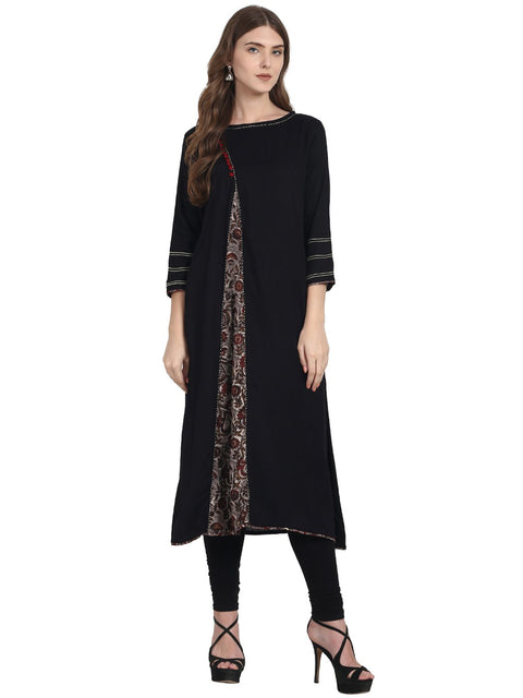 Nayo Women Black 3/4th sleeve A-line cotton kurta