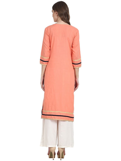 Nayo Women Peach 3/4 sleeve cotton Slub kurta with embroidery work