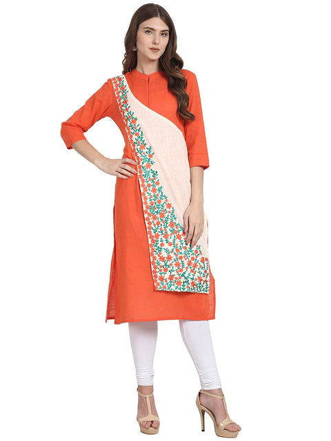 Nayo Orange 3/4 sleeve cotton slub kurta with Embroidery work