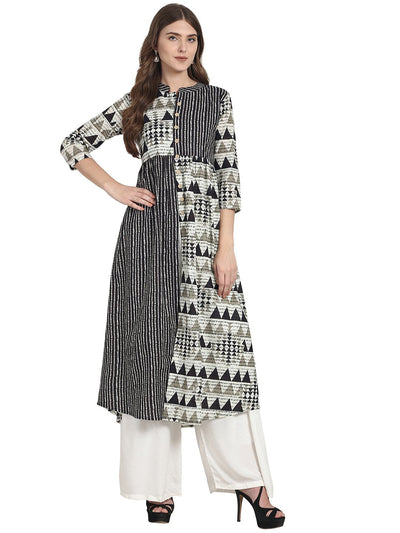 Nayo Women Grey printed 3/4 sleeve cotton A-line kurta