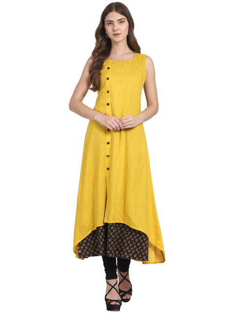 Nayo Yellow sleevless front open cotton slub double kurta