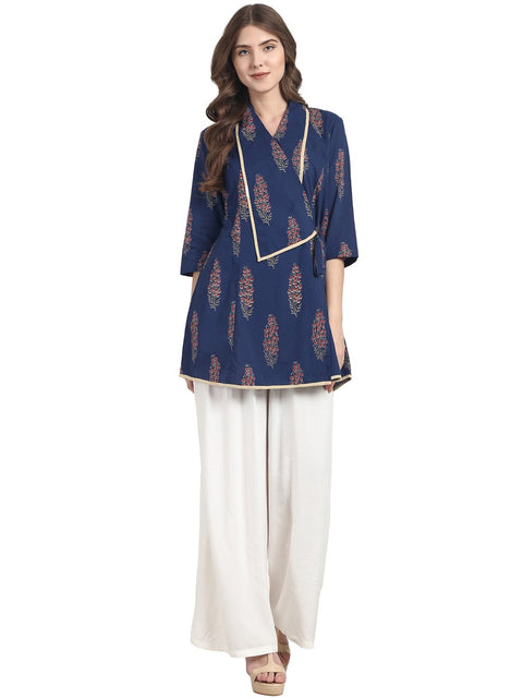 Blue 3/4 sleeve cotton angrakha style tunic