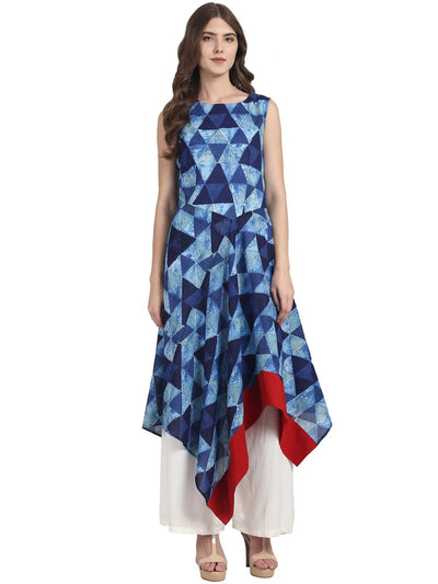 Nayo Blue printed assymetric sleevless cotton A-line kurta