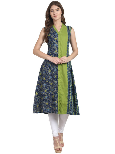 Nayo Women Green sleevless front open cotton kurta