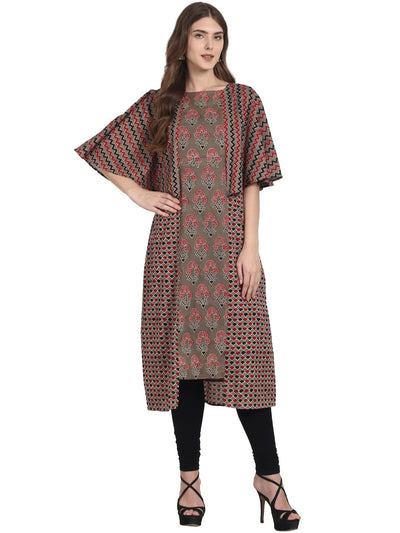 Nayo Women Taupe printed short sleeve double layer cotton kurta
