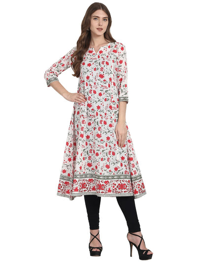 Nayo Women White printed 3/4th sleeve cotton Anarkali kurta