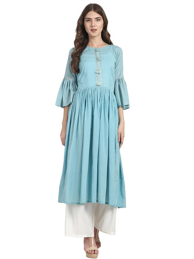 Nayo Women Blue 3/4 sleeve cotton Anarkali kurta