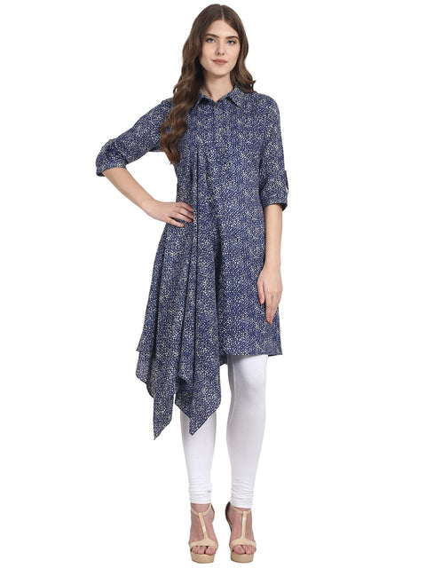 Nayo Women Blue 3/4th sleeve shirt color cotton kurta with side gathering