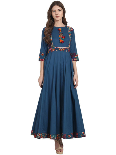 Nayo Women Blue 3/4 sleeve cotton anarkali kurta with latkan at yoke
