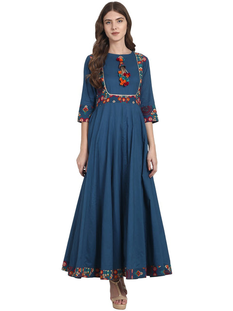 Nayo Women Blue 3/4 sleeve cotton anarkali kurta with latkan at yoke