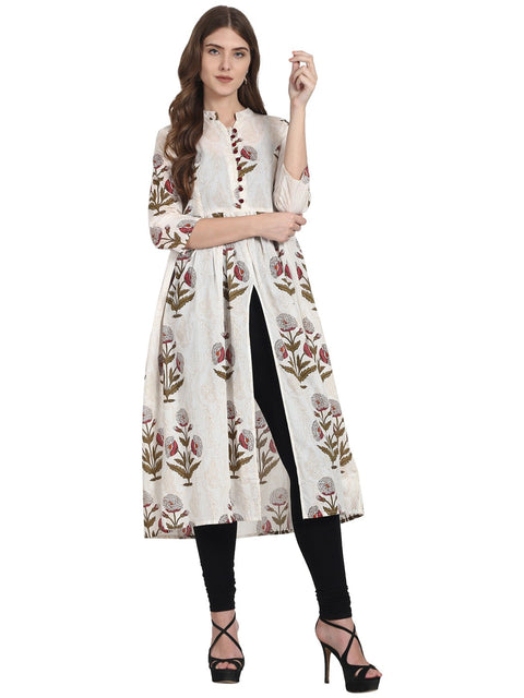 Nayo Women White printed 3/4th sleeve cotton high slit kurta