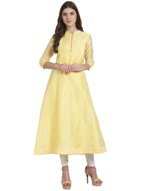 Nayo Women Yellow 3/4th Sleeve dupion A-line kurta