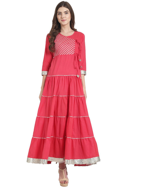 Nayo Women Red 3/4th sleeve tiered cotton anarkali kurta with lace work