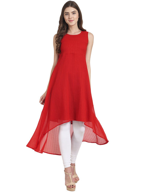 Nayo Women Red sleeveless chiffon low high kurta with cotton line