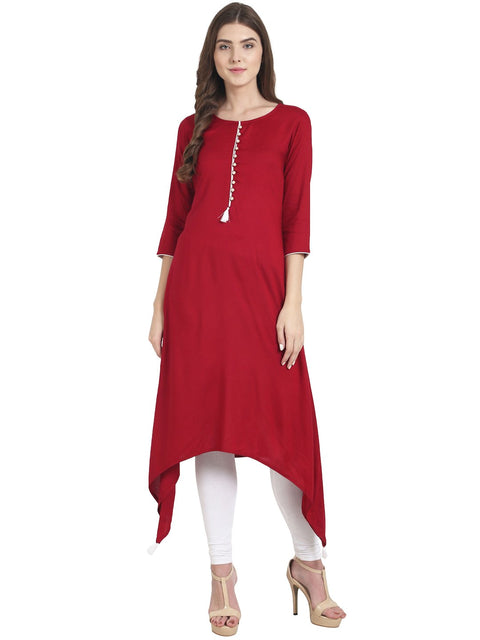 Nayo Red 3/4th sleeve rayon A-line kurta
