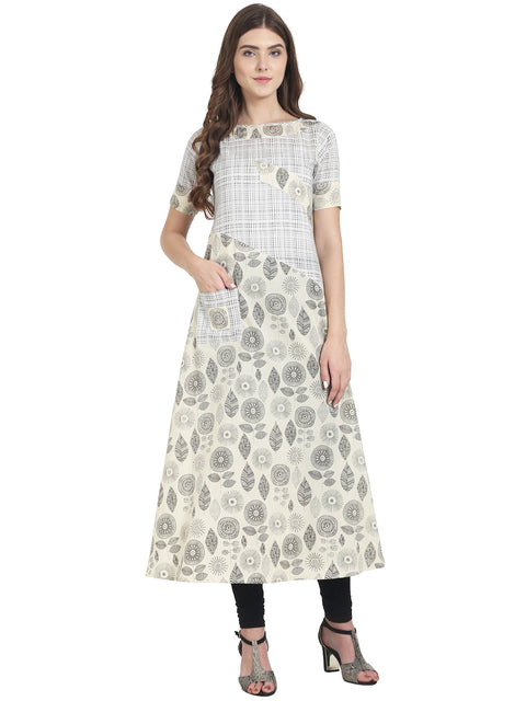 Nayo Women White printed half sleeve cotton A-line kurta