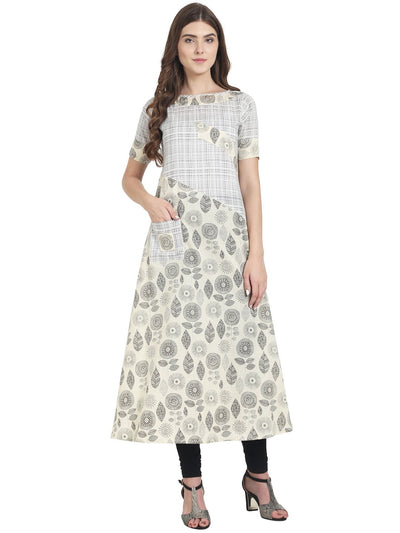Nayo White printed half sleeve cotton A-line kurta