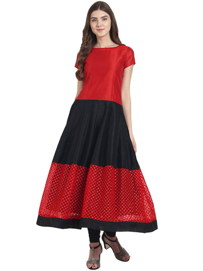 Nayo Women Red & Black cap sleeve net and dupion anarkali kurta