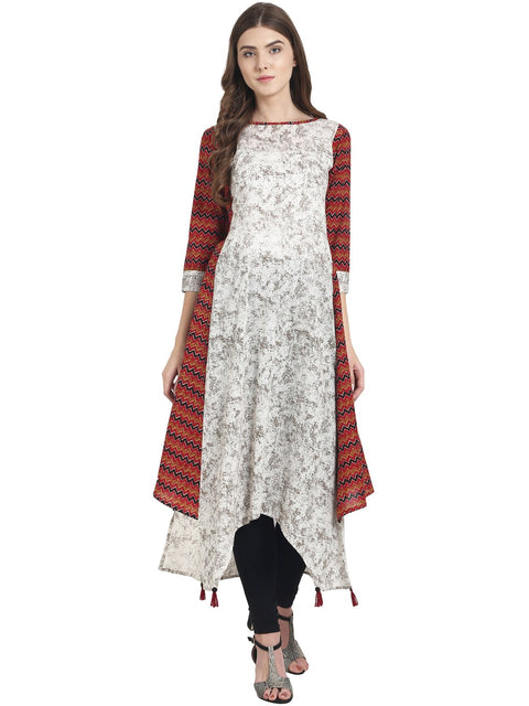 Nayo Women White printed 3/4th sleeve cotton A-line kurta