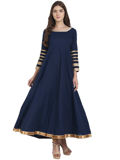 Nayo Blue full sleeve cotton Anarkali kurta with lace work at Sleeve & Hemline