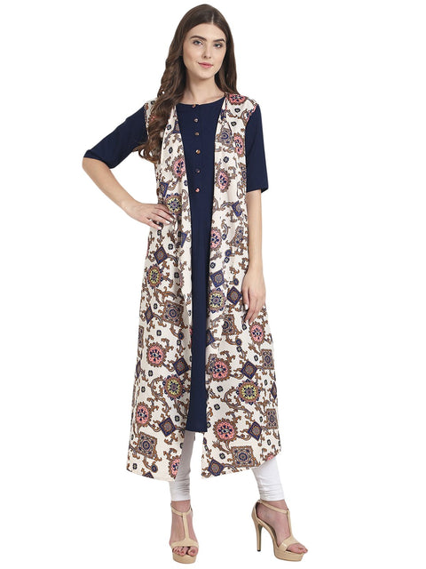 Nayo Women Blue half sleeve crepe kurta with white printed long crepe jacket