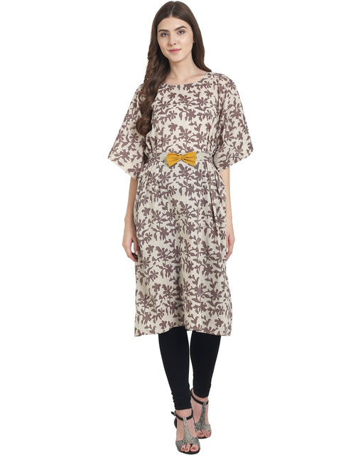 Nayo Beige & Brown printed half sleeve cotton kurta