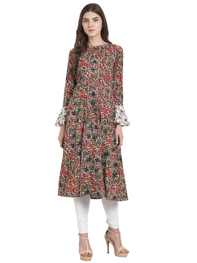 Nayo Green and red printed full sleeve cotton Anarkali kurta
