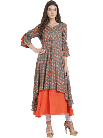 Nayo Women Grey and orange printed 3/4th sleeve Rayon Double layer A-line kurta