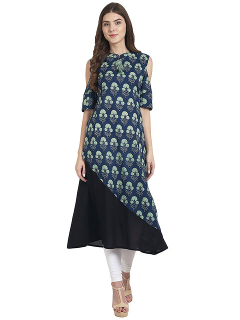 Nayo Blue printed half sleeve cotton double layer kurta
