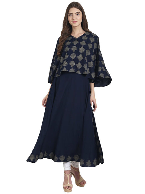 Nayo Women Navy blue Flared sleeve Rayon A-line kurta with printed jacket