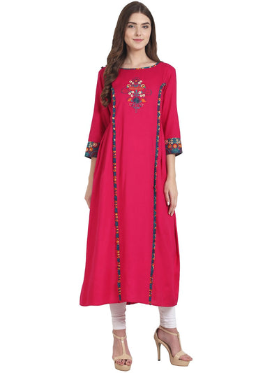 Nayo Women Magenta 3/4th sleeve Rayon A-line kurta with Embriodery work at yoke