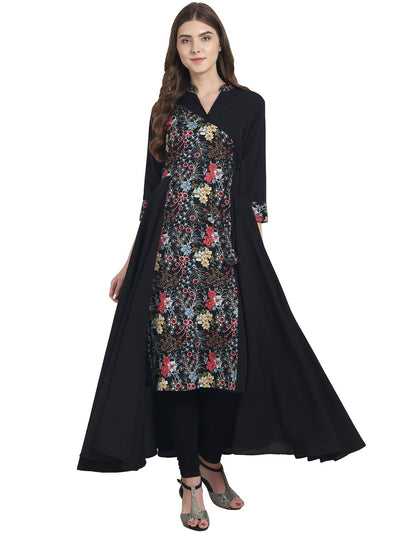 Nayo Women Black printed 3/4th sleeve crepe cape style Anarkali kurta