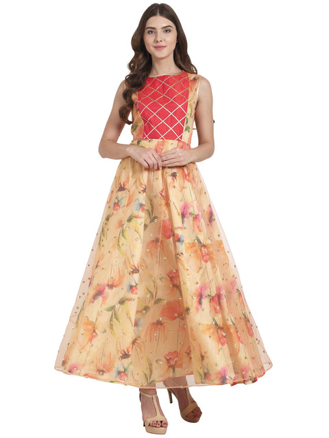 Nayo Women Peach printed dupion Anarkali with two tone pink dupion silk yoke with gota work with all over sequenced layered net
