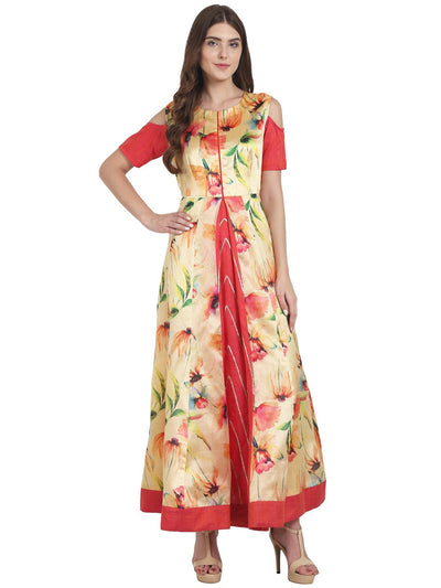 Nayo Women Printed dupion ankle length Anarkali with two tone pink dupion silk centre slit with gota lace