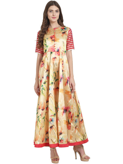 Nayo Women Floral printed dupion silk anarkali with solid two tone pink dupion sleeves with all over gota lines on the sleeves