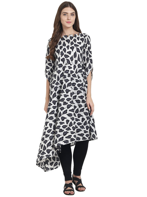 Nayo Women White & black printed half sleeve cotton A-line kurta with Assymetric hemline