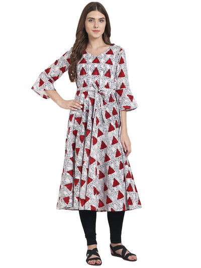 Nayo Women White printed 3/4th sleeve cotton Anarkali kurta