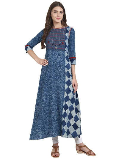 Nayo Women Blue printed 3/4th sleeve A-line kurta with embriodery work at yoke