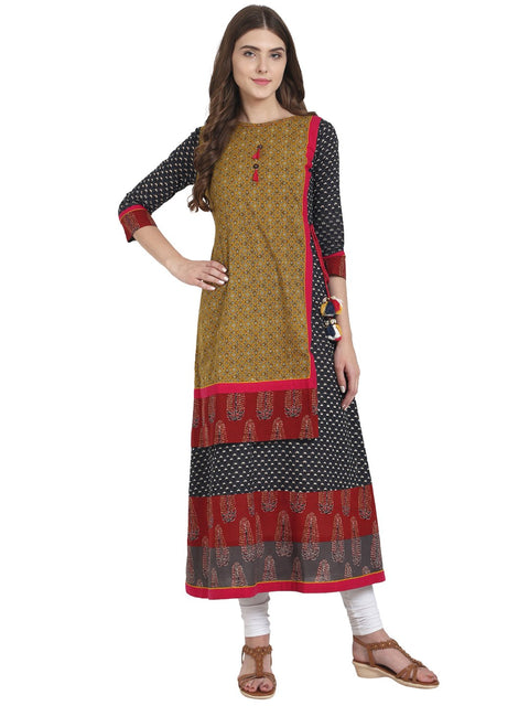 Nayo Women Grey Cotton A-line kurta with yellow printed layer