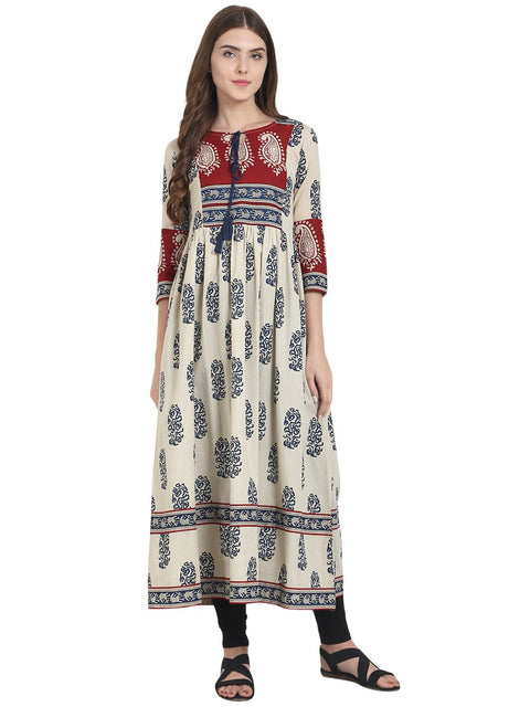 Nayo Off white printed 3/4th sleeve cotton Anarkali kurta