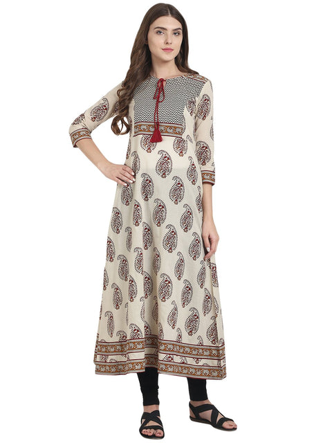 Nayo Women Beige printed 3/4th sleeve cotton A-line kurta