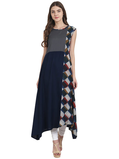 Nayo Women Navy blue printed sleeveless cotton A-line kurta