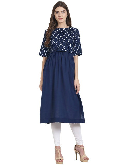Nayo Women Navy Blue half sleeve cotton A-line kurta with printed layer at yoke