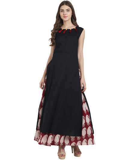 Nayo Black cotton sleeveless kurta with red printed skirt