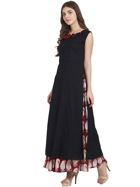 Nayo Black cotton sleeveless kurta with red printed skirt