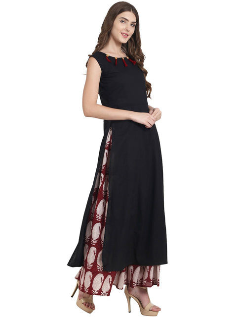 Nayo Black cotton sleeveless kurta with red printed skirt